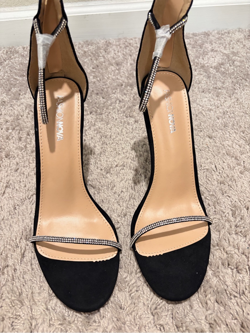 Fashion Nova Black Open-Toe Rhinestone Strap Heels